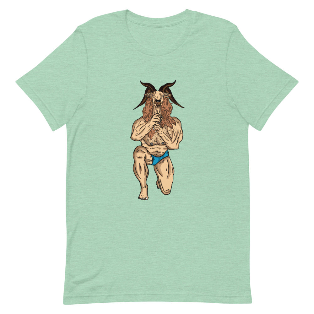 Mint green T-shirt with a centered satyr-like goat wearing blue briefs and clasping its hands