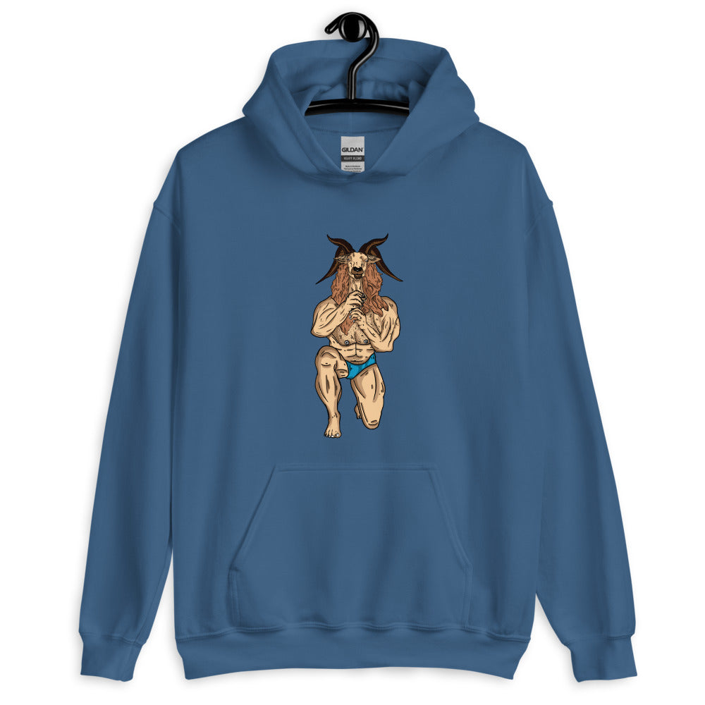 Front-view blue hoodie on a hanger with a horned goat character printed on the chest