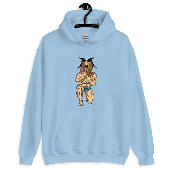 Front view of a light blue hoodie with a horned goat-person illustration on the chest