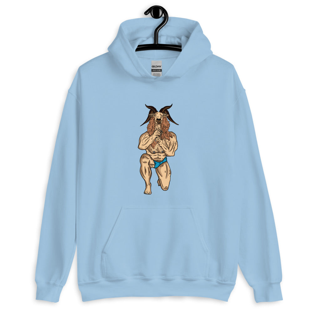 Front view of a light blue hoodie with a horned goat-person illustration on the chest