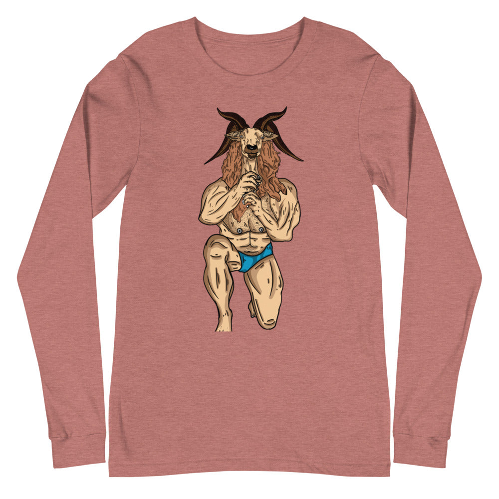 Front view of a mauve long-sleeve shirt with a horned goat-person in blue briefs