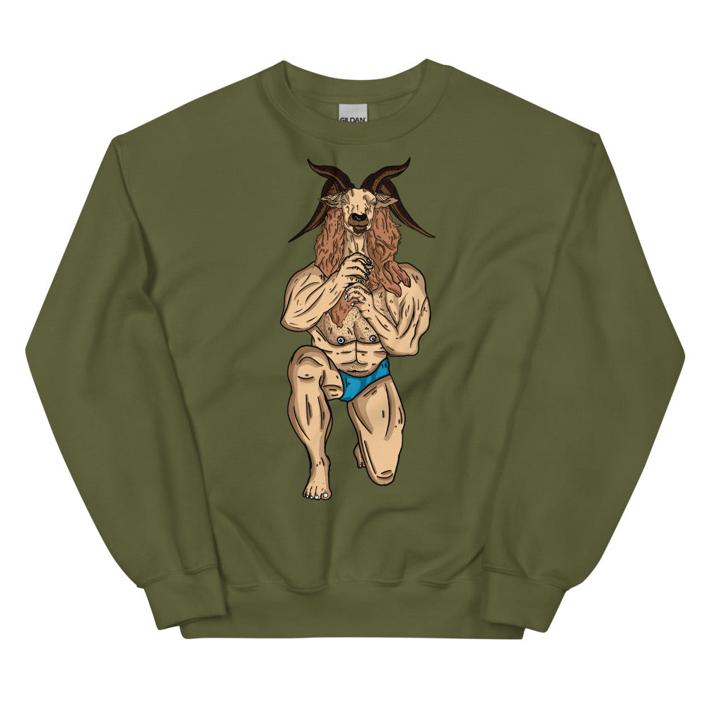 Olive green sweatshirt with a horned goat-man illustration in blue briefs