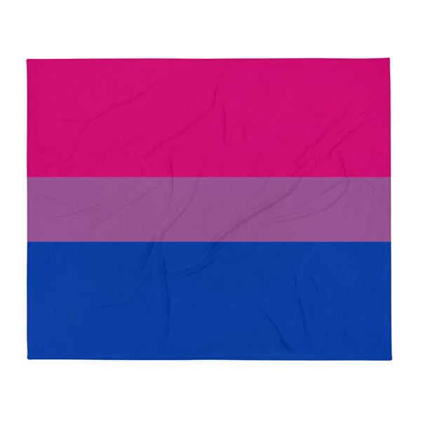 Rectangular throw blanket shown flat with pink, purple, and blue horizontal stripes