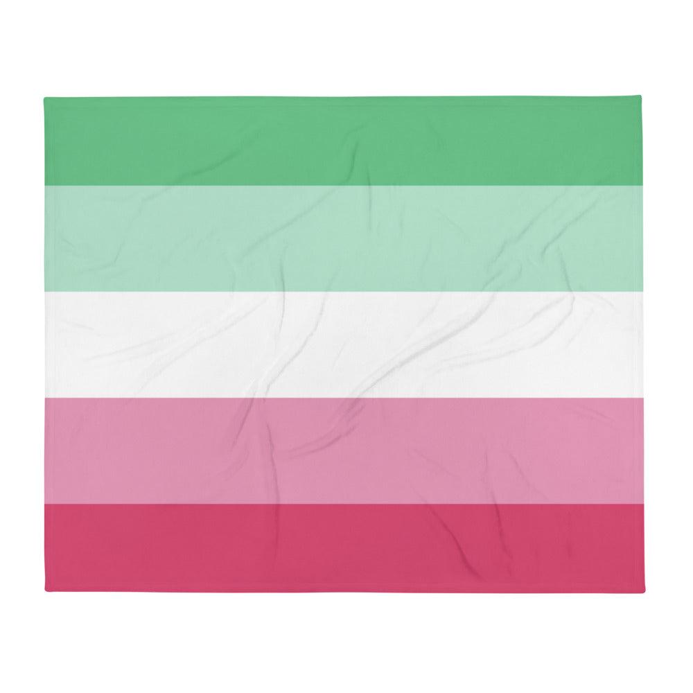 Flat-lay throw blanket with five horizontal green, white, and pink stripes