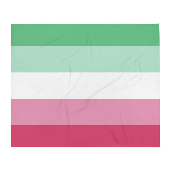 Flat-lay throw blanket with five horizontal green, white, and pink stripes