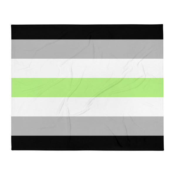 Agender flag throw blanket laid flat, with black, gray, white, and lime-green stripes