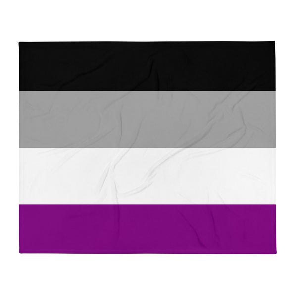 Front-facing throw blanket with horizontal black, gray, white, and purple stripes