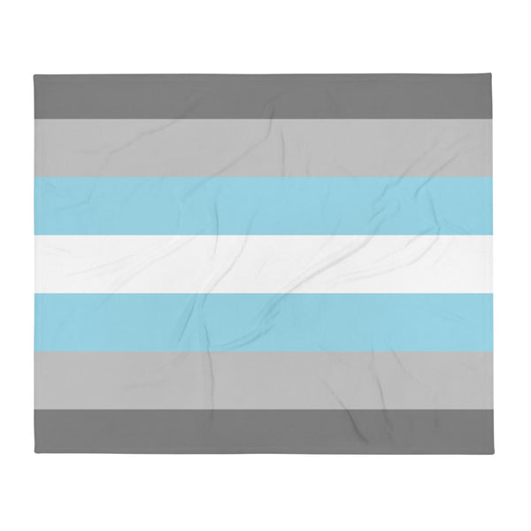 Flat-lay throw blanket with horizontal gray, light blue, and white stripes