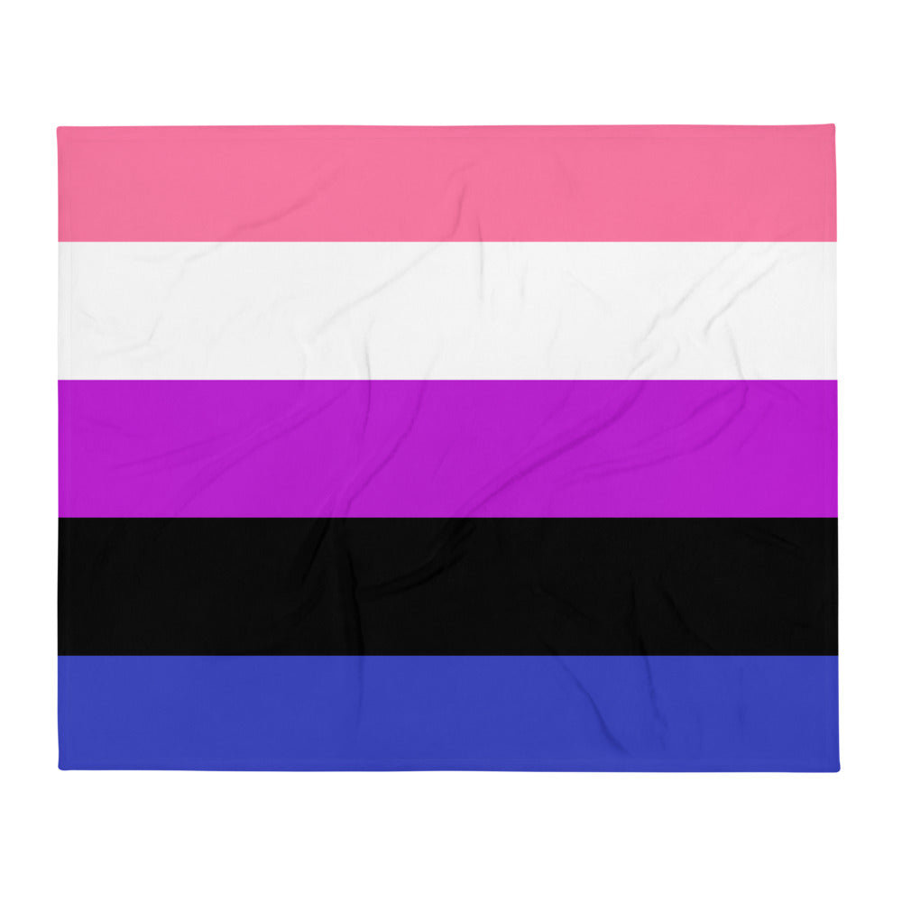 Rectangular throw blanket laid flat with pink, white, purple, black, and blue stripes