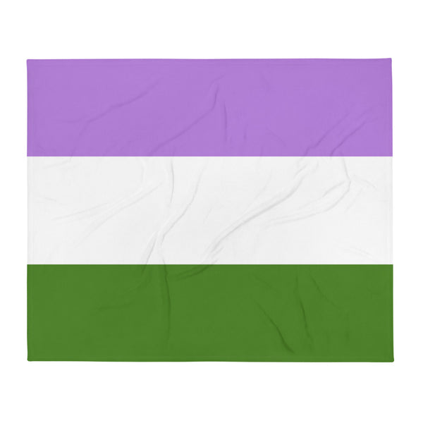Genderqueer flag throw blanket shown flat with purple, white, and green horizontal stripes