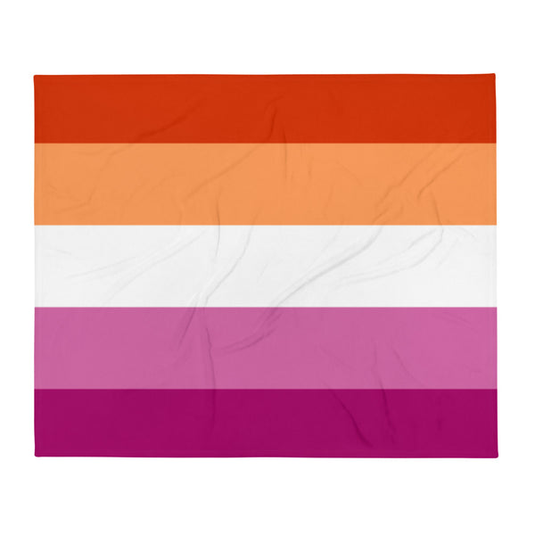 Lesbian Pride flag throw blanket shown flat with six horizontal colored stripes and slight folds