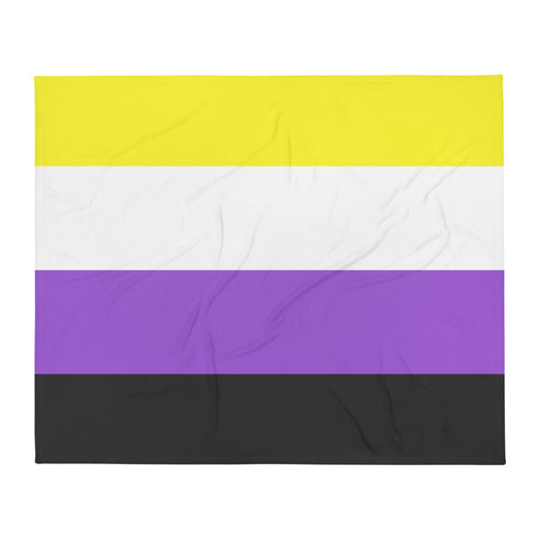 Flat-lay throw blanket with horizontal yellow, white, purple, and black stripes