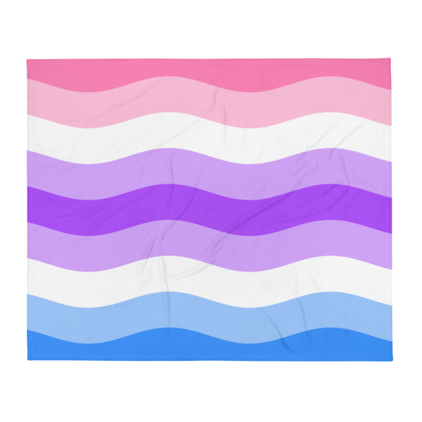 Rectangular throw blanket with pink, white, purple, and blue wavy horizontal stripes