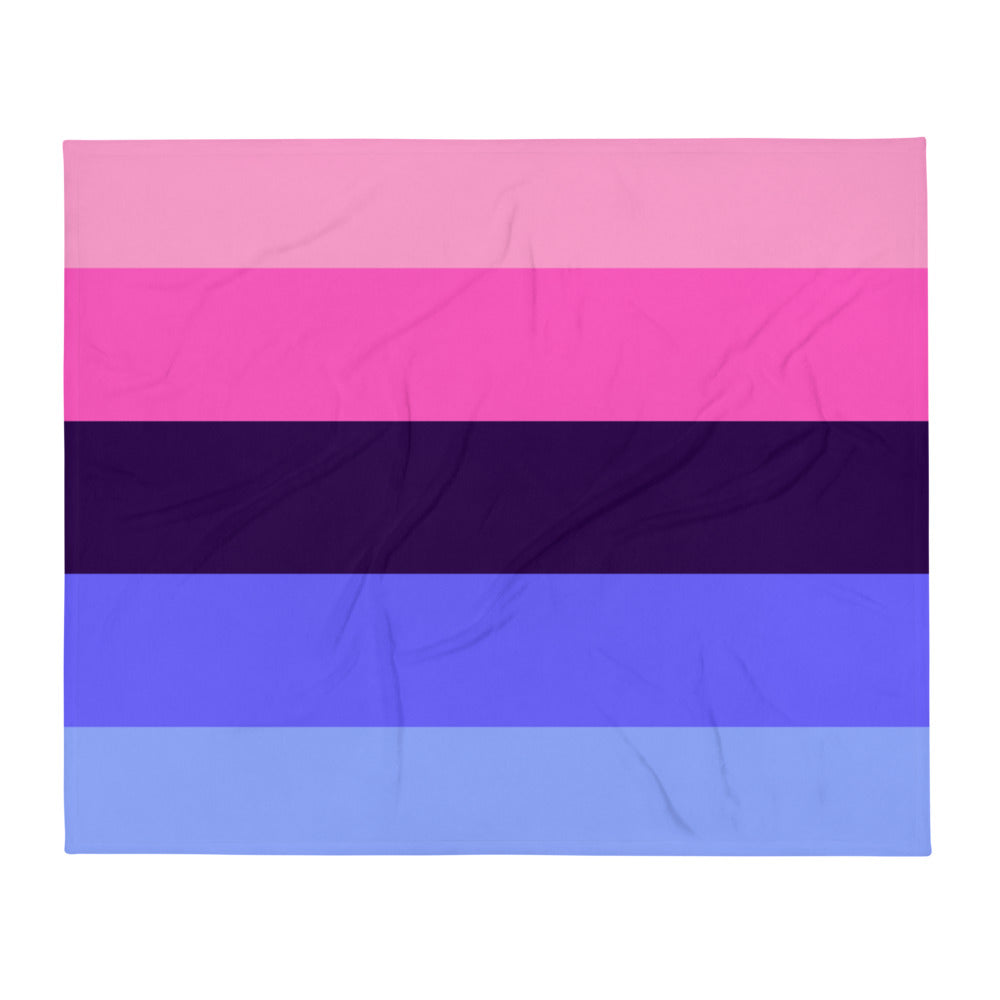 Flat-lay throw blanket with five horizontal pink, purple, and blue stripes