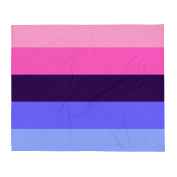 Flat-lay throw blanket with five horizontal pink, purple, and blue stripes