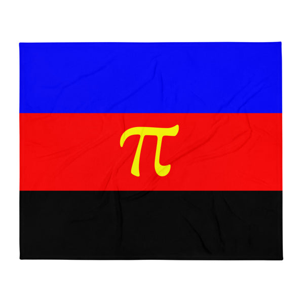 Polyamory flag throw blanket with blue, red, and black stripes and a yellow pi symbol