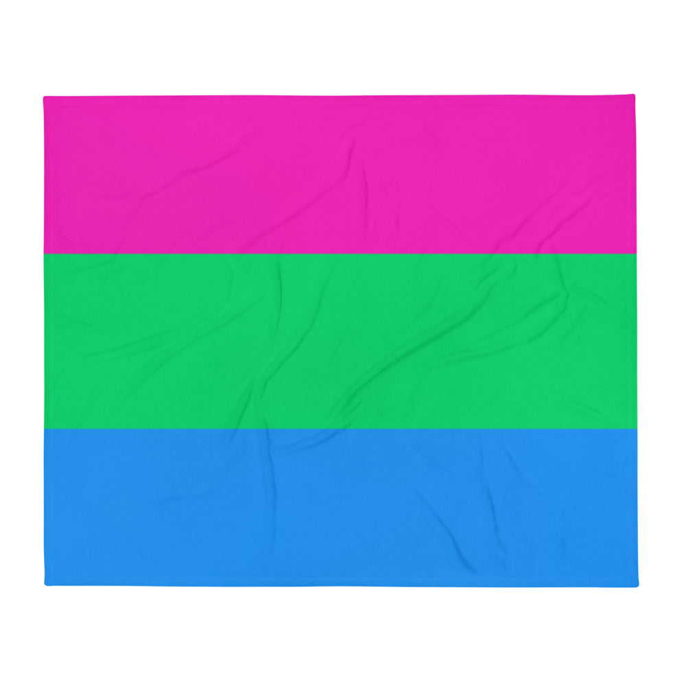 Rectangular throw blanket with horizontal magenta, green, and blue stripes, shown flat with slight wrinkles