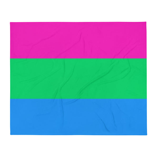 Rectangular throw blanket with horizontal magenta, green, and blue stripes, shown flat with slight wrinkles