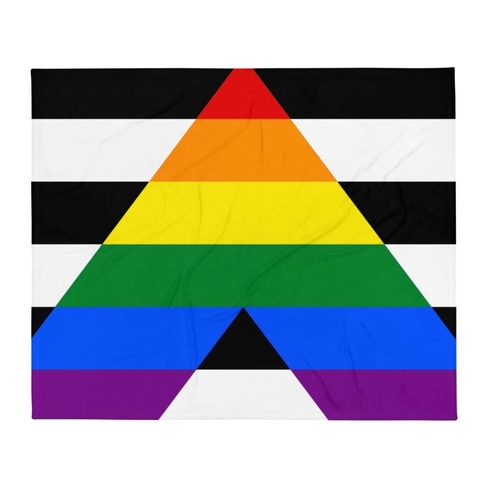 lgbtqia ally flag: Straight Ally Flag throw blanket lies over an olive green sofa, surrounded by Pride posters, a rainbow
