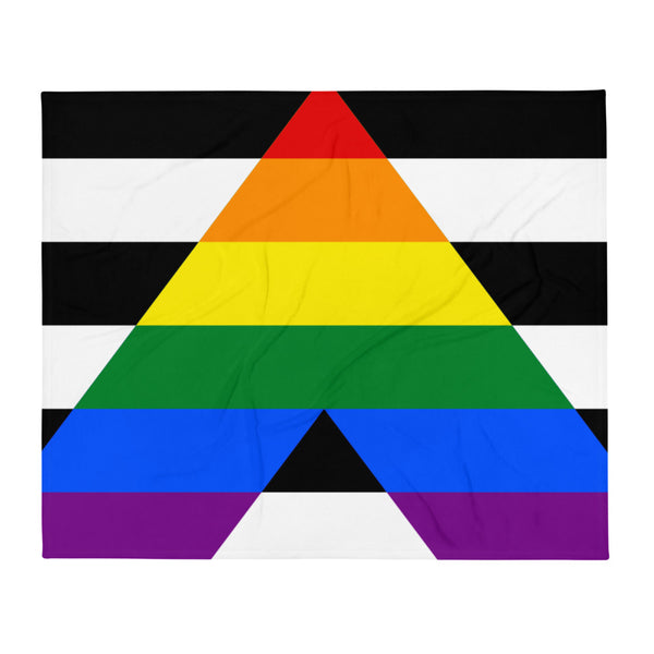lgbtqia ally flag: Straight Ally Flag throw blanket lies over an olive green sofa, surrounded by Pride posters, a rainbow