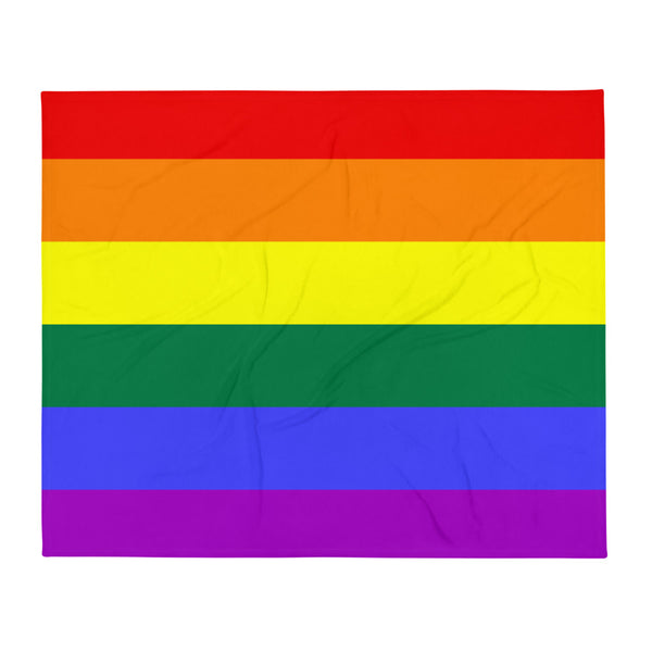 Gay Pride throw blanket shown flat with six horizontal rainbow-color stripes