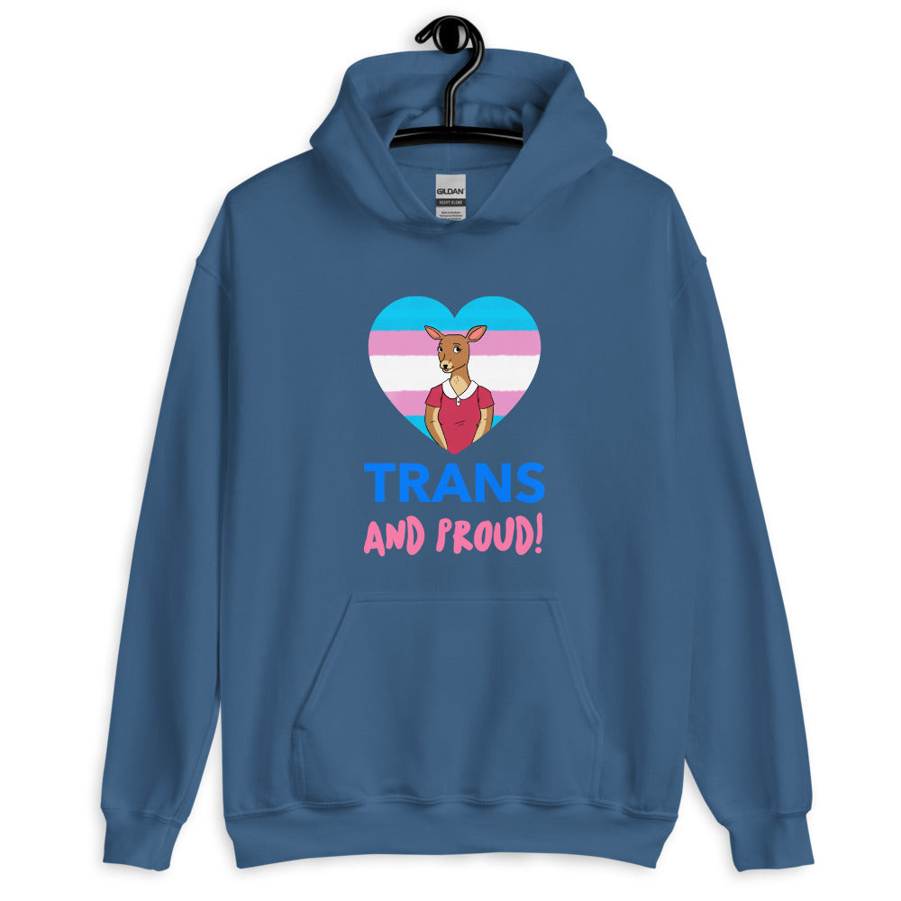 Front view of a blue hoodie with a trans-flag heart, kangaroo, and “TRANS AND PROUD!”
