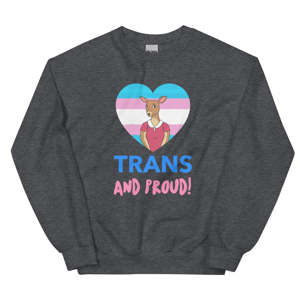 Dark gray sweatshirt with a heart, kangaroo illustration, and “TRANS AND PROUD!” text