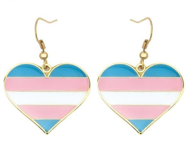 Trans pride heart earrings with blue, pink and white stripes in gold-tone frames