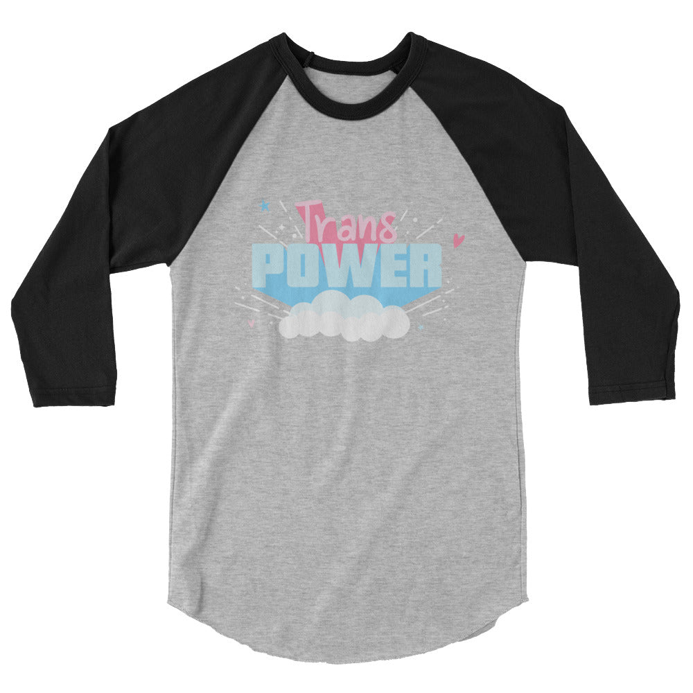 Front view of a gray raglan shirt with black three-quarter sleeves and “Trans Power” graphic