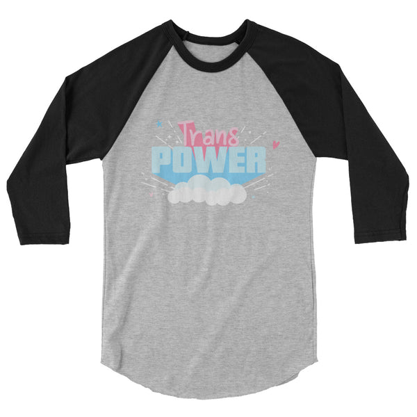 Front view of a gray raglan shirt with black three-quarter sleeves and “Trans Power” graphic