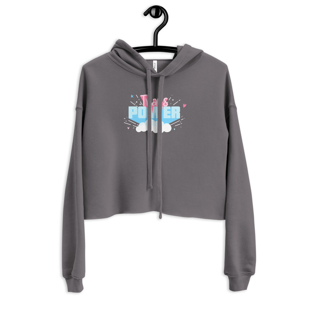 Front view of a charcoal cropped hoodie on a hanger with “TRANS POWER” graphic
