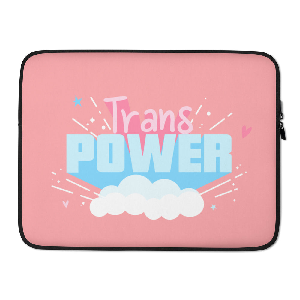 Pink laptop sleeve with black trim reading “Trans Power” above white clouds