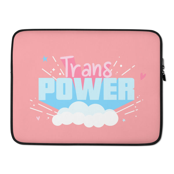 Pink laptop sleeve with black trim reading “Trans Power” above white clouds