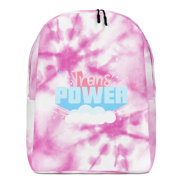 Front view of a pink tie-dye backpack with colorful “Trans Power” lettering and clouds