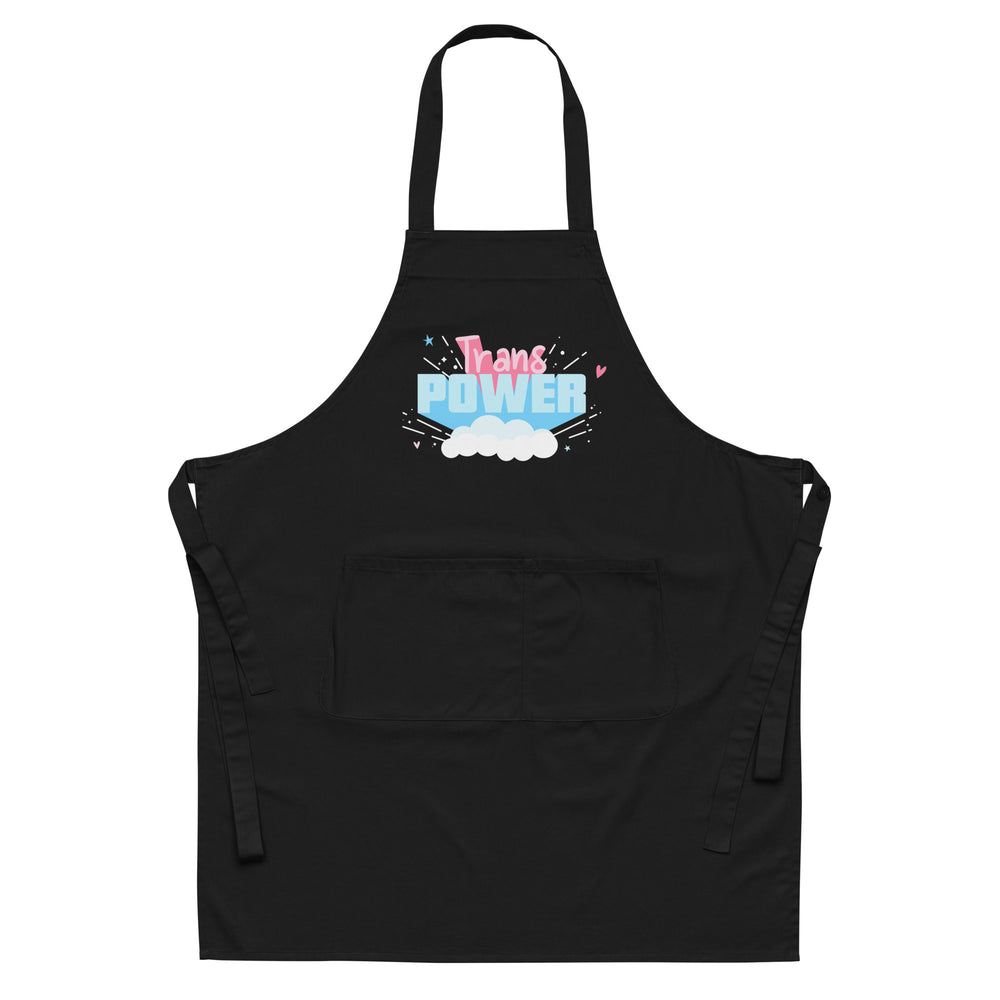 Front view of a black apron with a colorful “Trans POWER” graphic and front pocket