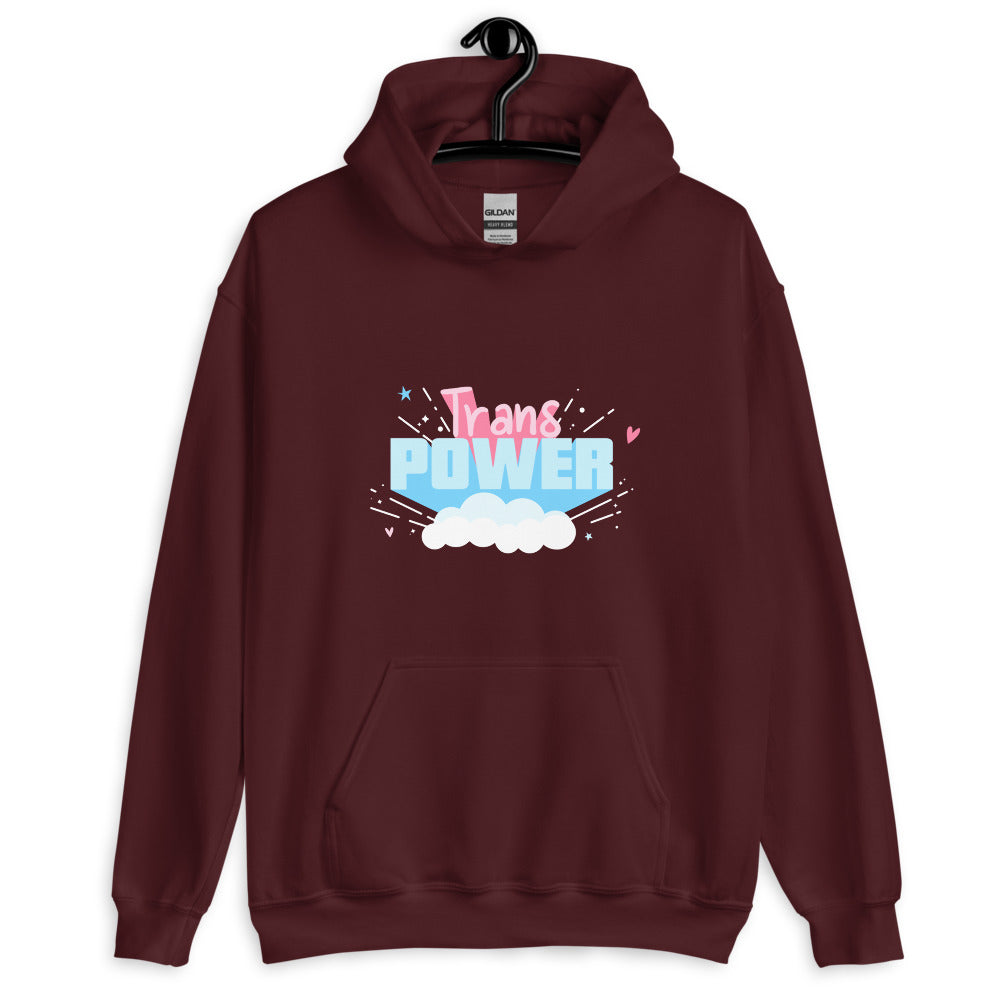 Front view of a maroon hoodie on a hanger with colorful “Trans Power” text