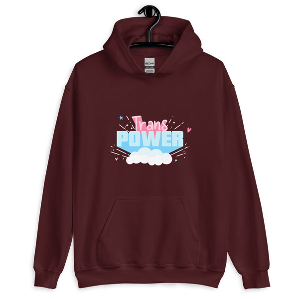 Front view of a maroon hoodie on a hanger with colorful “Trans Power” text