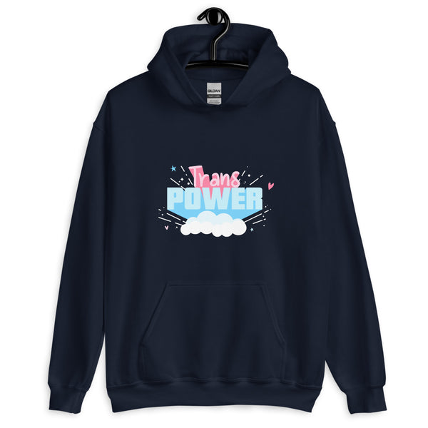 Front view of a navy hoodie with colorful “Trans POWER” cloud graphic