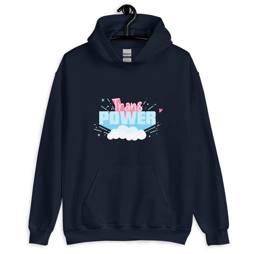 Front view of a navy hoodie with colorful “Trans POWER” cloud graphic