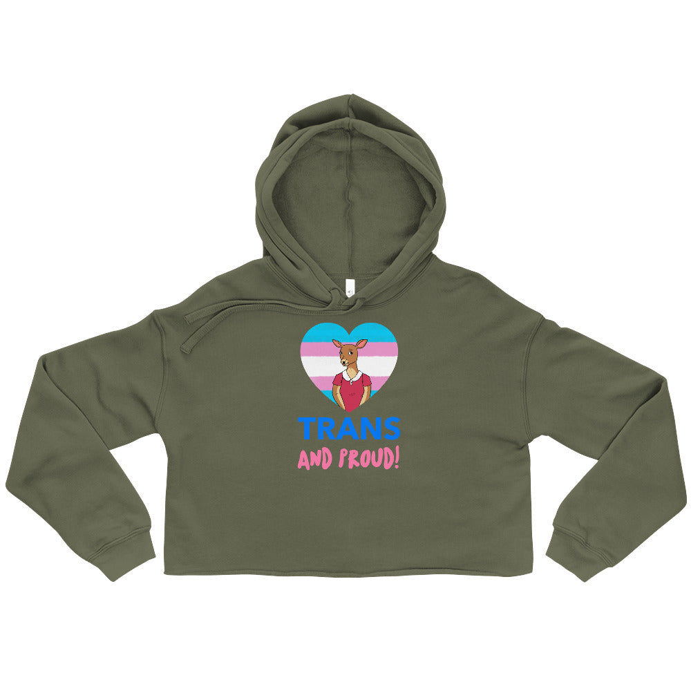 Front view of an olive-green cropped hoodie with a heart graphic reading “TRANS AND PROUD!”