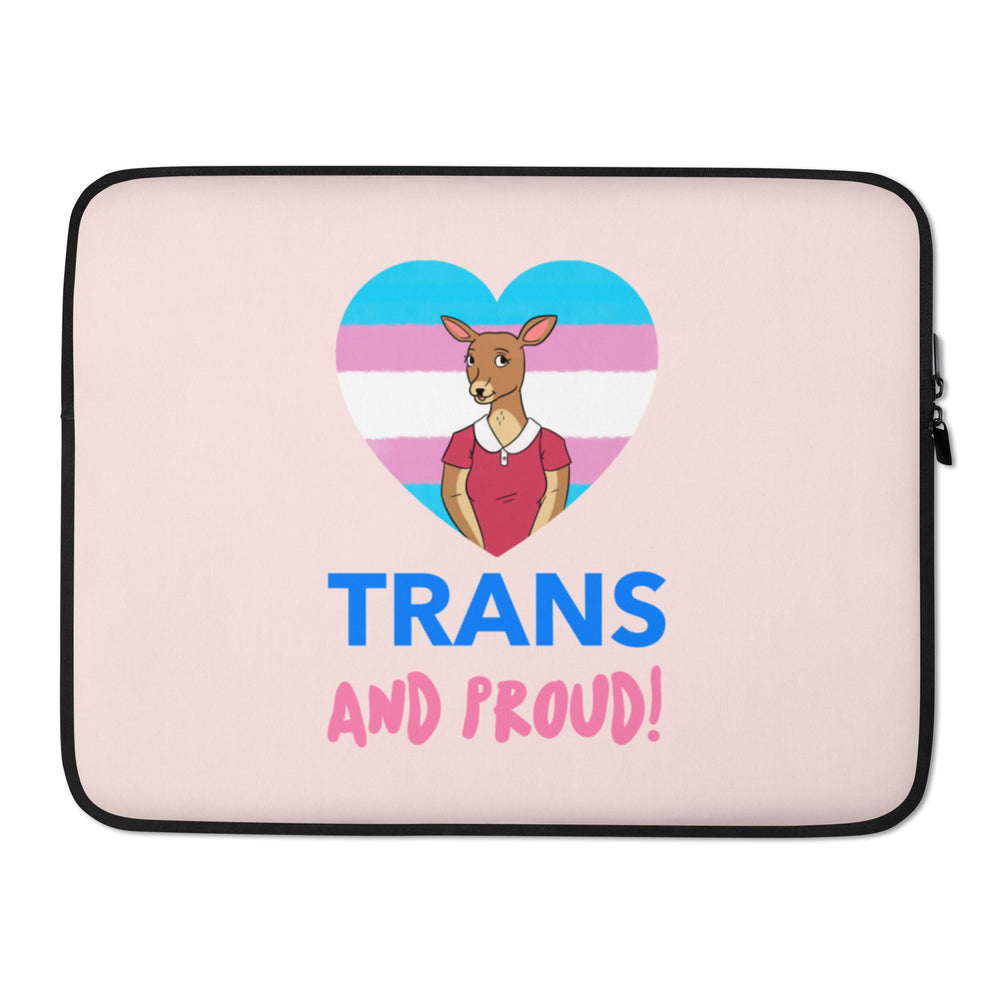 Front view of a pink laptop sleeve reading “TRANS AND PROUD!” with a kangaroo in a heart