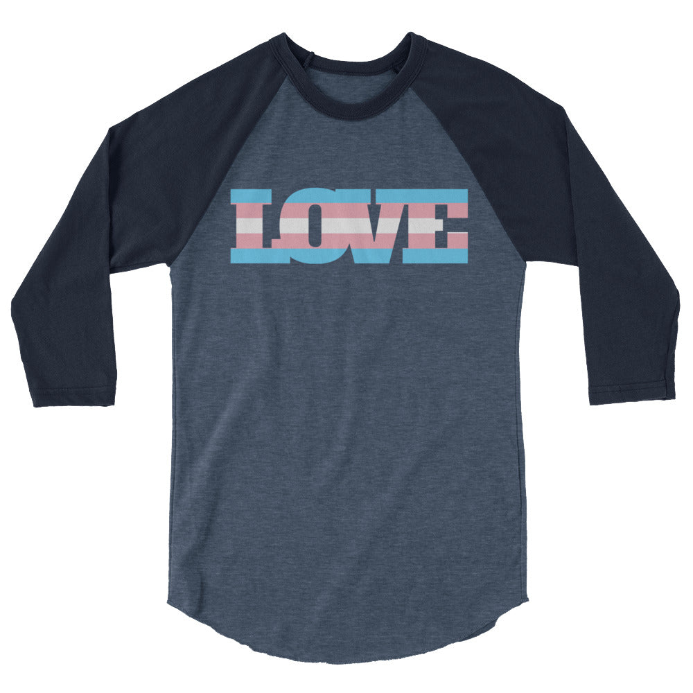 Front view of a charcoal raglan shirt with dark sleeves and a pink, white, and blue LOVE graphic