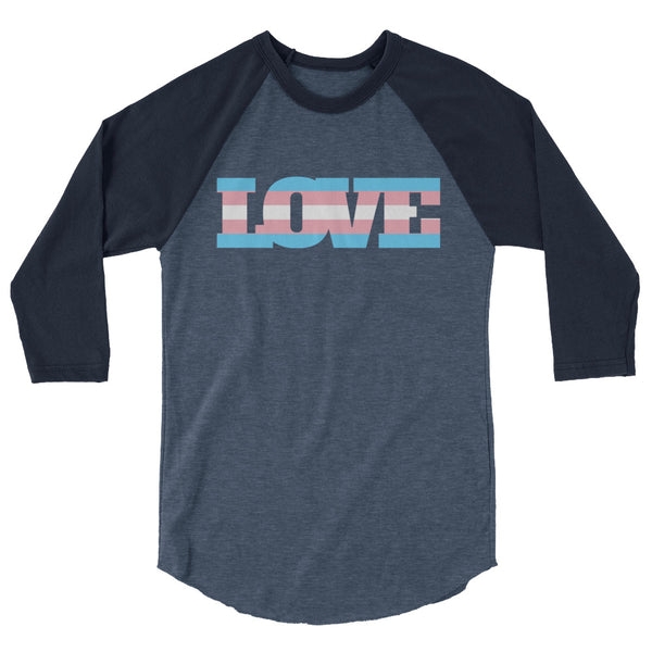 Front view of a charcoal raglan shirt with dark sleeves and a pink, white, and blue LOVE graphic