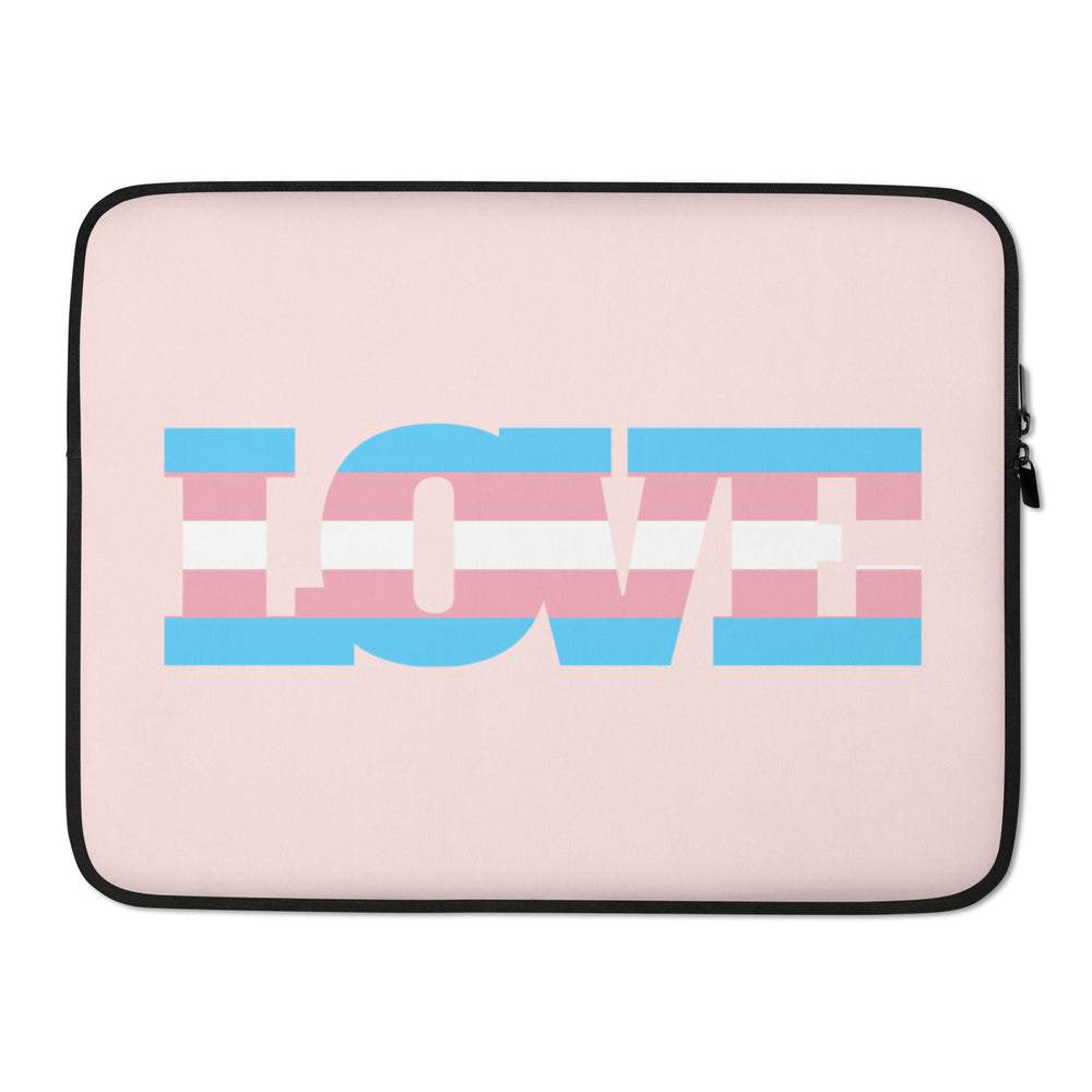 Pink laptop sleeve with black trim and a large blue, pink, and white transgender flag design