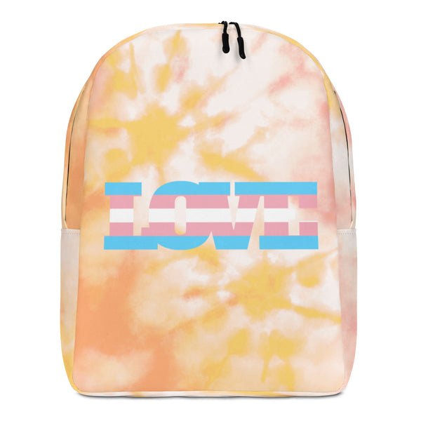 Front-view backpack with a pastel orange-yellow tie-dye pattern and large blue-and-pink LOVE graphic