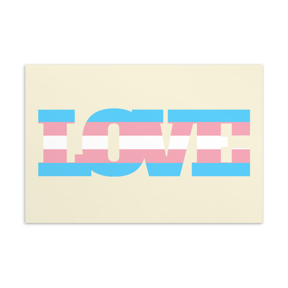 Postcard reading “T4T LOVE” in blue, pink, and white transgender flag colors