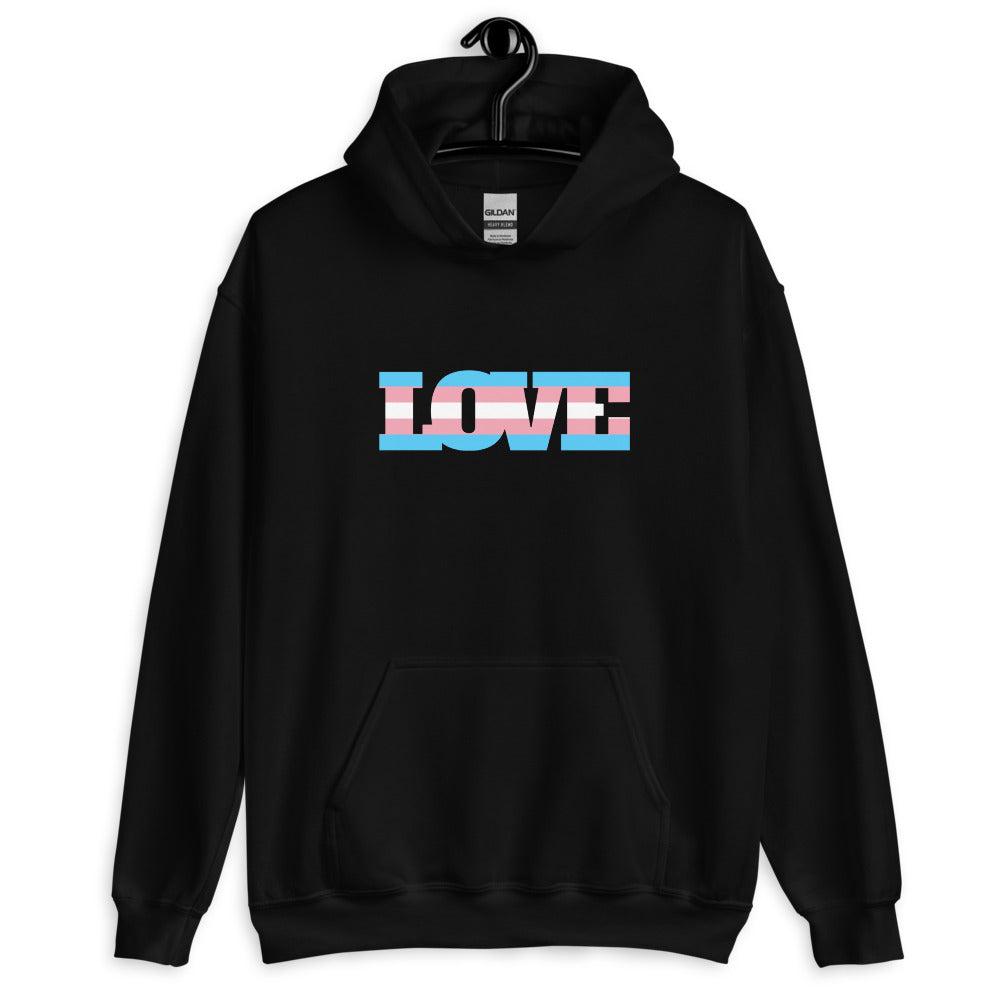 Front-view black pullover hoodie with “LOVE” in blue and pink stripes
