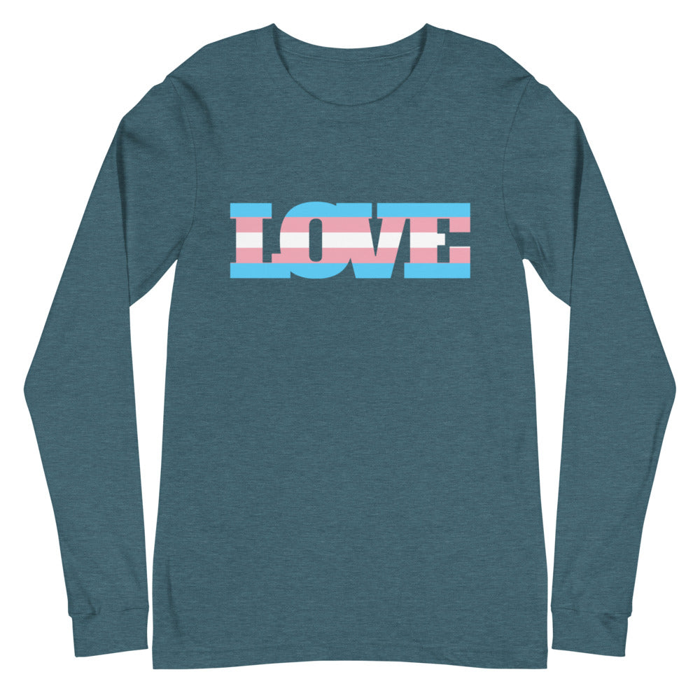 Front view of a heather teal long-sleeve shirt with “LOVE” in trans pride colors