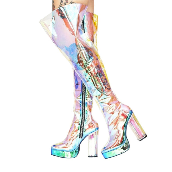 Iridescent translucent PVC platform boots with tall block heels and side zippers