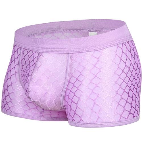 Close-up of lavender transparent mesh boxers with a pouch and wide waistband